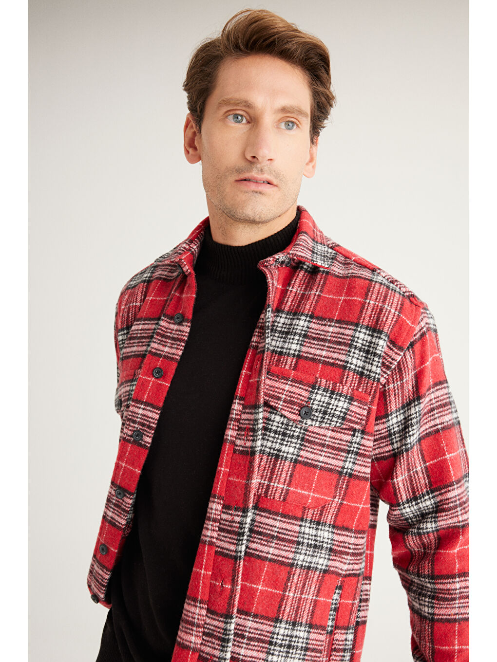 Erkek Kırmızı Oversize Fit Geniş Kesim Düğmeli Yaka Ekose Gömlek Ceket-2