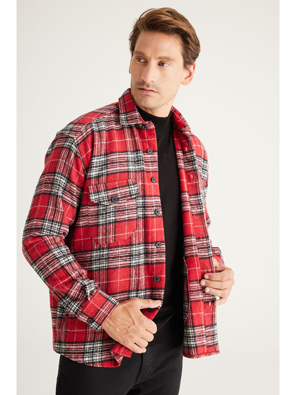 Erkek Kırmızı Oversize Fit Geniş Kesim Düğmeli Yaka Ekose Gömlek Ceket-3