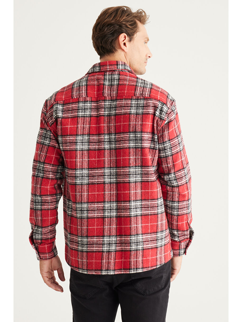 Erkek Kırmızı Oversize Fit Geniş Kesim Düğmeli Yaka Ekose Gömlek Ceket-4