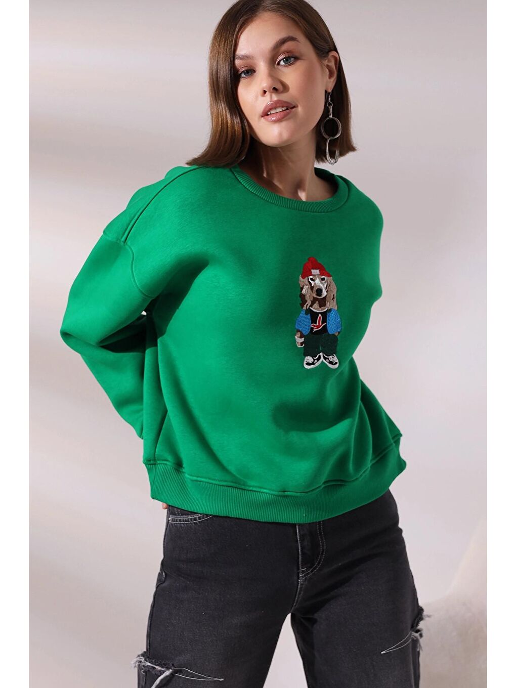 Yeşil Köpek Baskılı Sweatshirt-1