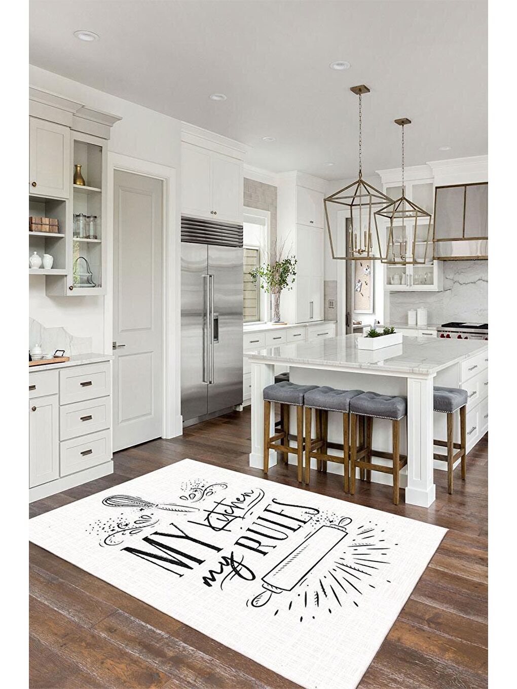 Beyaz Premium Kalite, Pamuk ve Kaydırmaz Taban, Yıkanabilir, Mutfak Halısı  160 x 230 cm