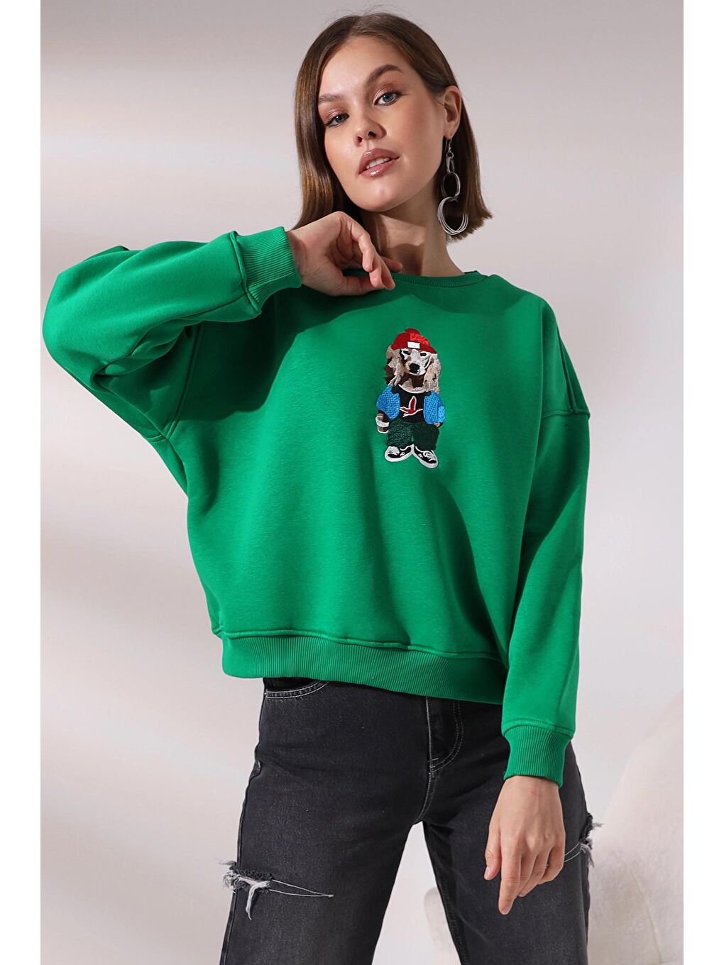Yeşil Köpek Baskılı Sweatshirt-2