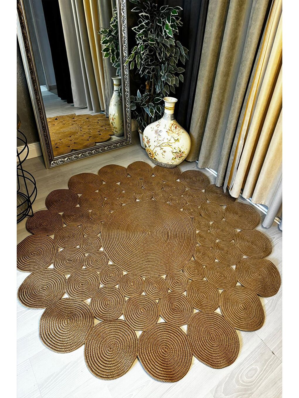 Bej Natural Jüt Halı El Dokuma Hasır Yolluk Bohem Jüt Kilim HMFJUT302 140 x 140 cm-1