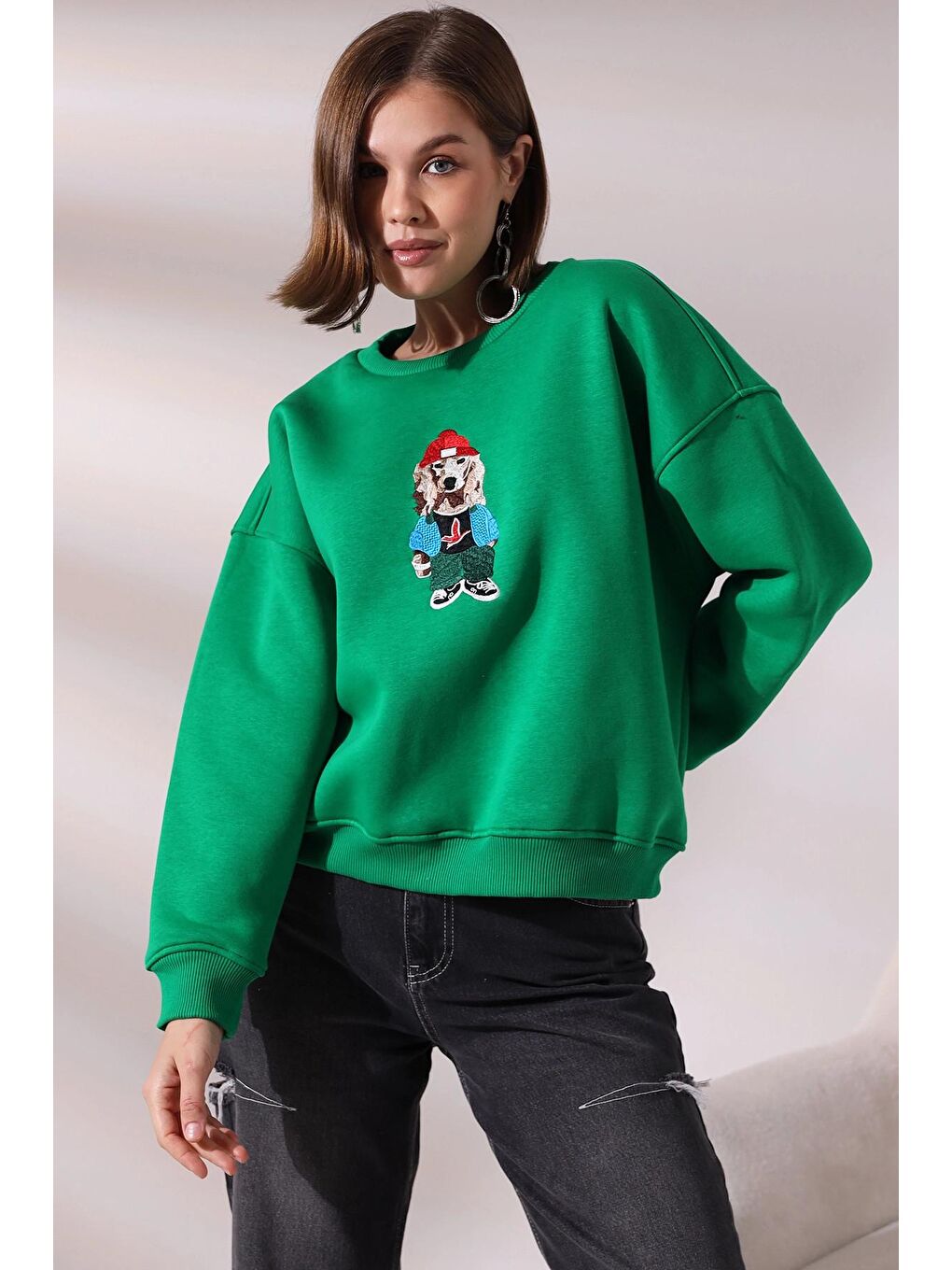 Yeşil Köpek Baskılı Sweatshirt-3