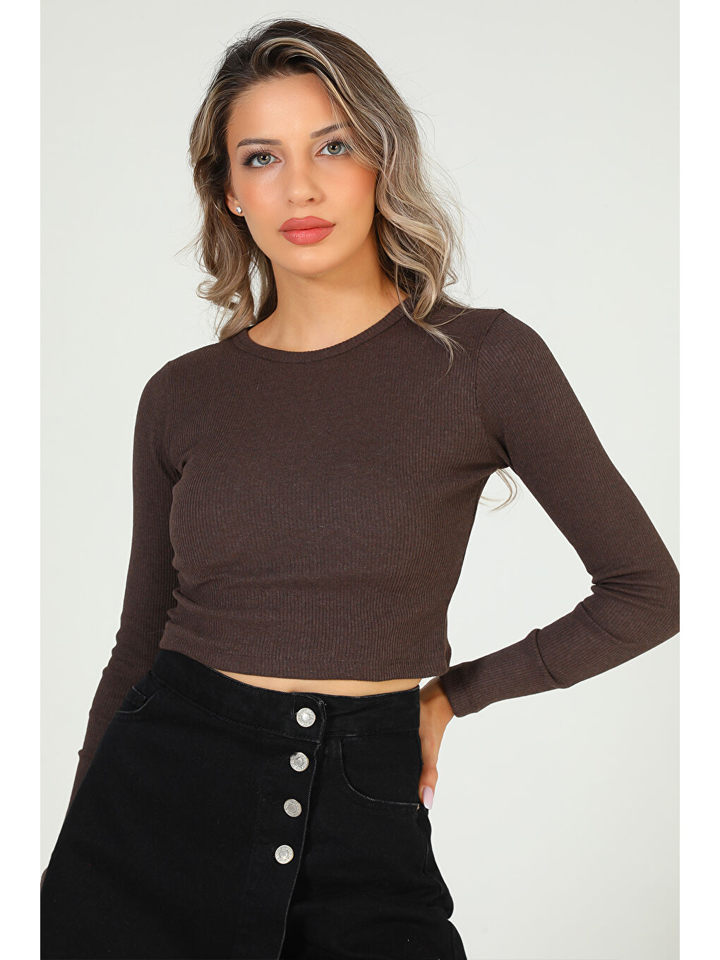 GÜLSELİ Kahverengi Kadın Bisiklet Yaka Kaşkorse Crop Body Bluz - 4