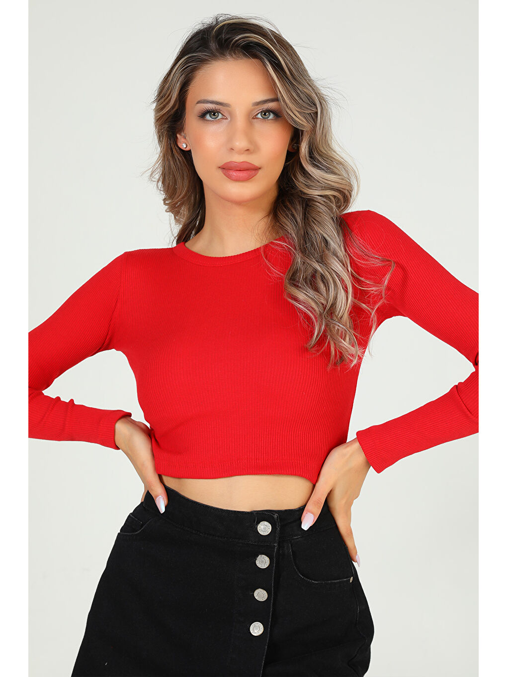 GÜLSELİ Kırmızı Kadın Bisiklet Yaka Kaşkorse Crop Body Bluz