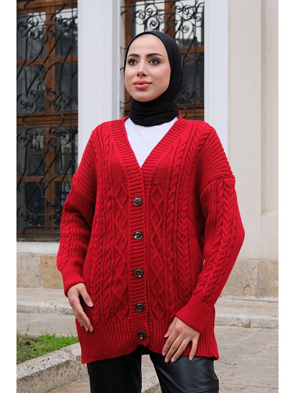 Örgü Desen Triko Hırka Kırmızı