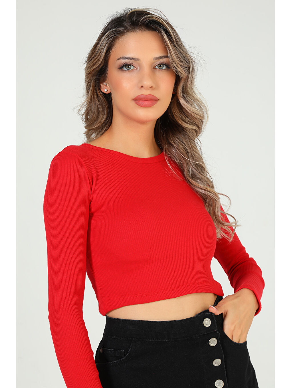 GÜLSELİ Kırmızı Kadın Bisiklet Yaka Kaşkorse Crop Body Bluz - 1