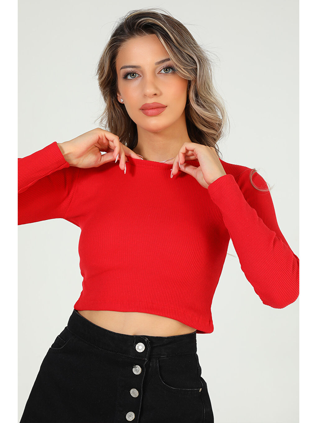 GÜLSELİ Kırmızı Kadın Bisiklet Yaka Kaşkorse Crop Body Bluz - 2