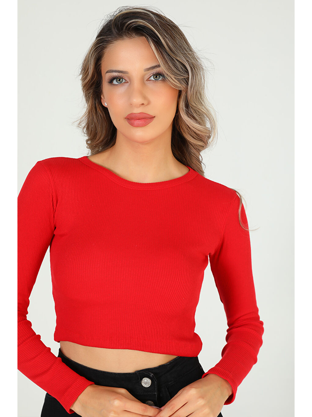 GÜLSELİ Kırmızı Kadın Bisiklet Yaka Kaşkorse Crop Body Bluz - 3