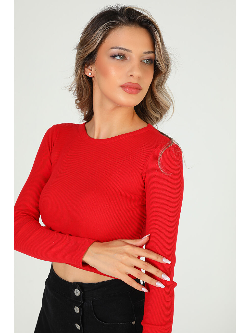 GÜLSELİ Kırmızı Kadın Bisiklet Yaka Kaşkorse Crop Body Bluz - 4