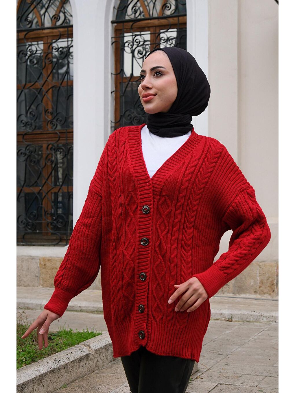 Örgü Desen Triko Hırka Kırmızı-1