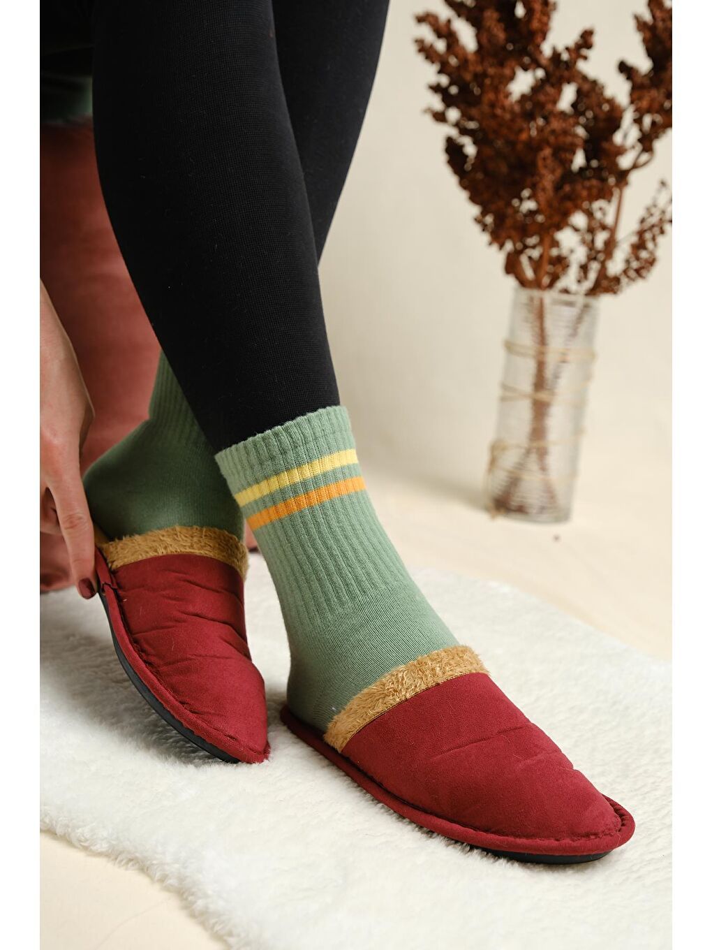 Bordo Mija Pofuduk Ev Terliği Ses Yapmaz Taban Yıkanabilir Kışlık Ev Terliği Misafir Terliği-1