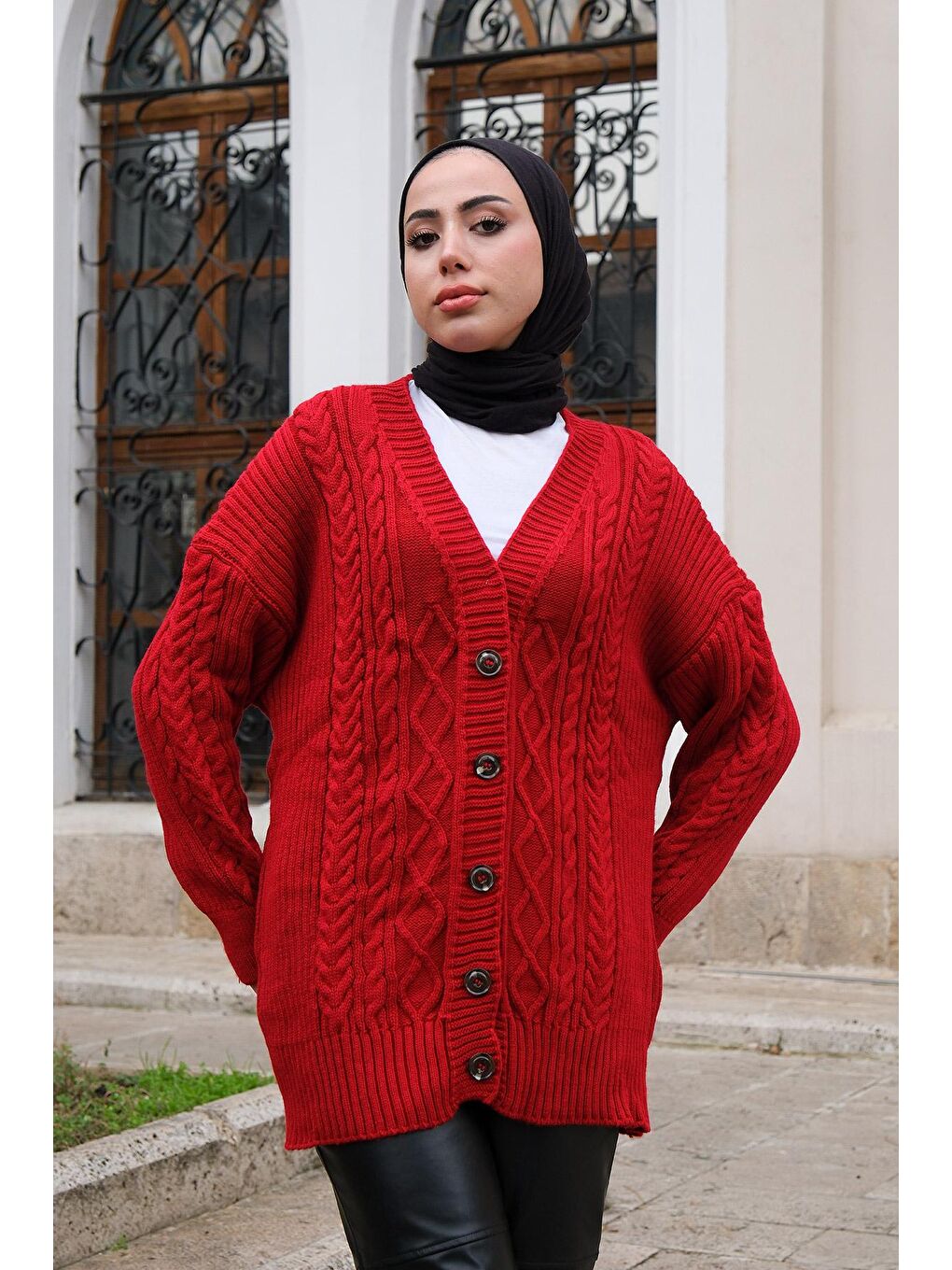 Örgü Desen Triko Hırka Kırmızı-2