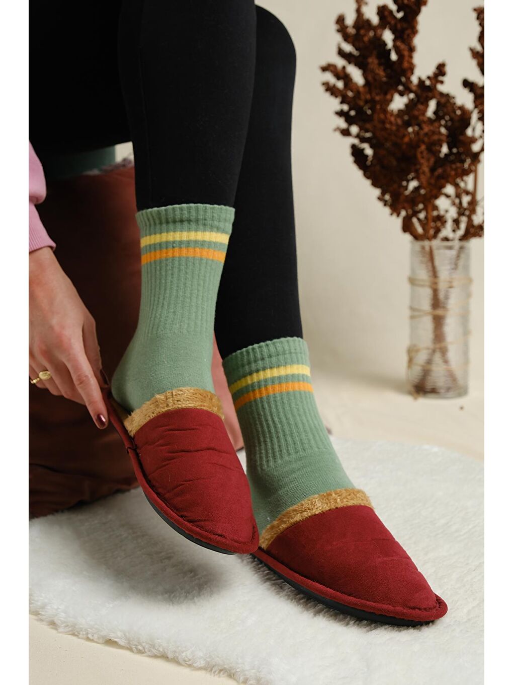 Bordo Mija Pofuduk Ev Terliği Ses Yapmaz Taban Yıkanabilir Kışlık Ev Terliği Misafir Terliği-2