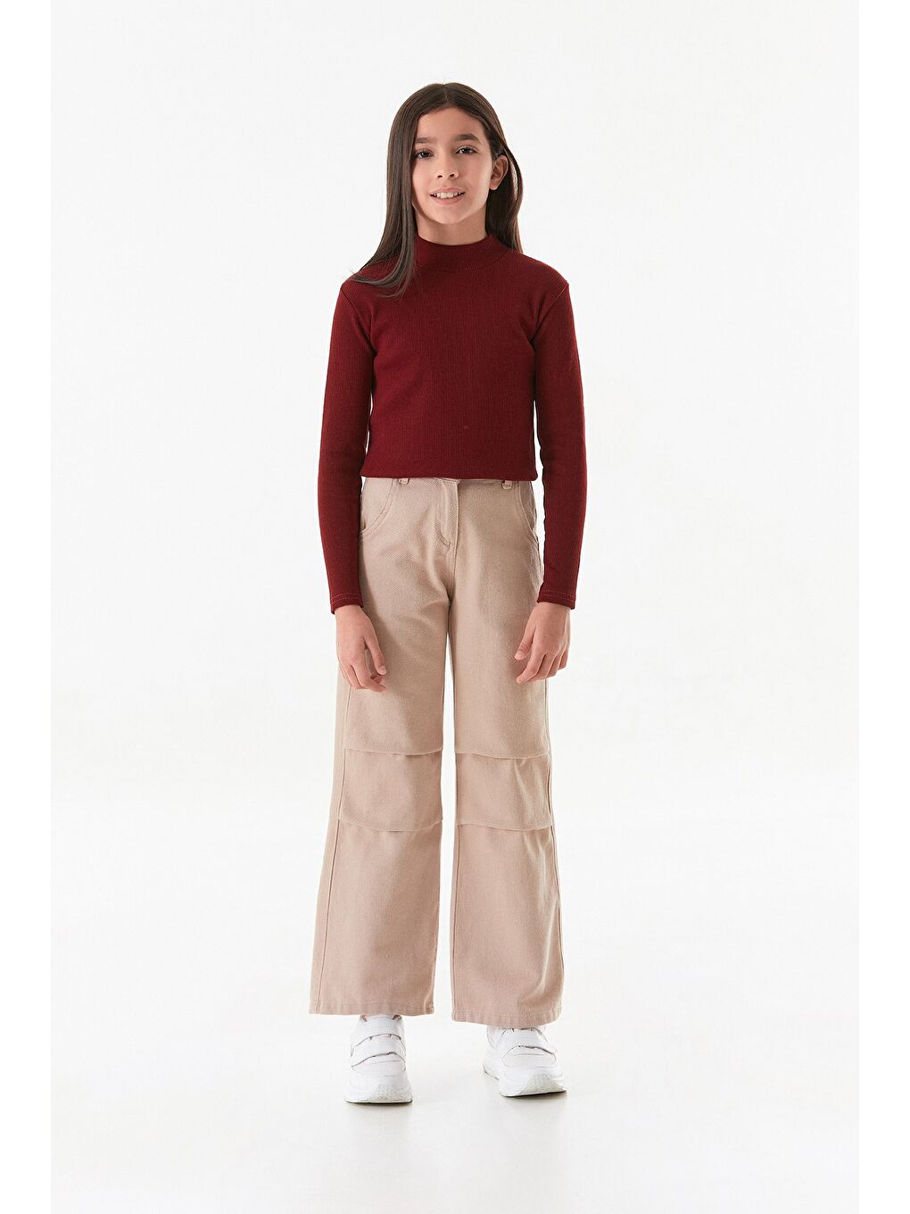 Bej %100 Pamuk Beli Lastikli Kız Çocuk Palazzo Pantolon