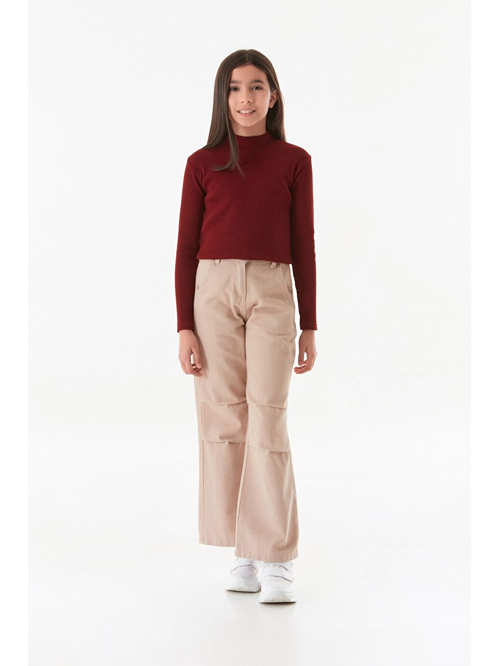 Bej %100 Pamuk Beli Lastikli Kız Çocuk Palazzo Pantolon-1