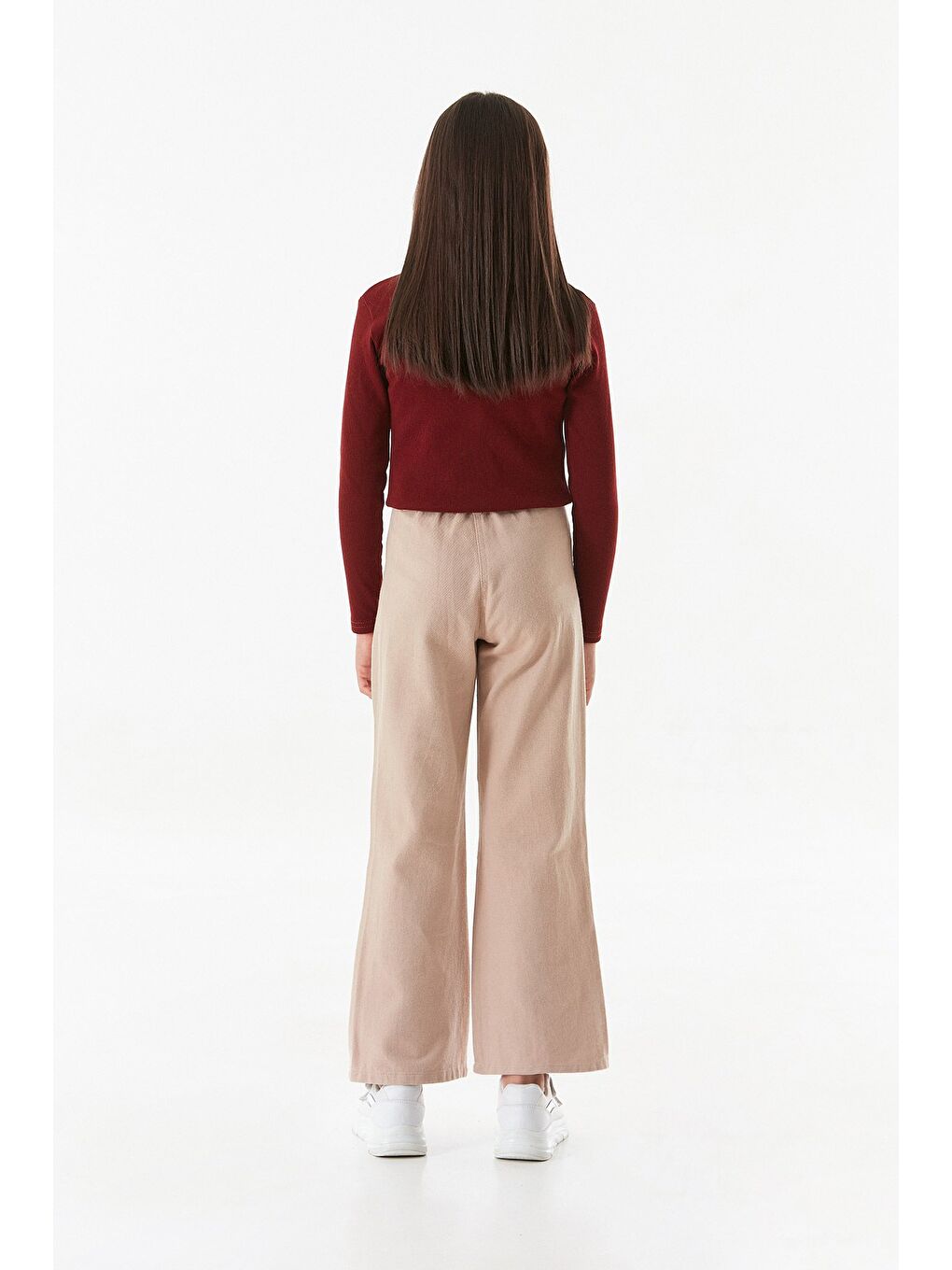 Bej %100 Pamuk Beli Lastikli Kız Çocuk Palazzo Pantolon-2