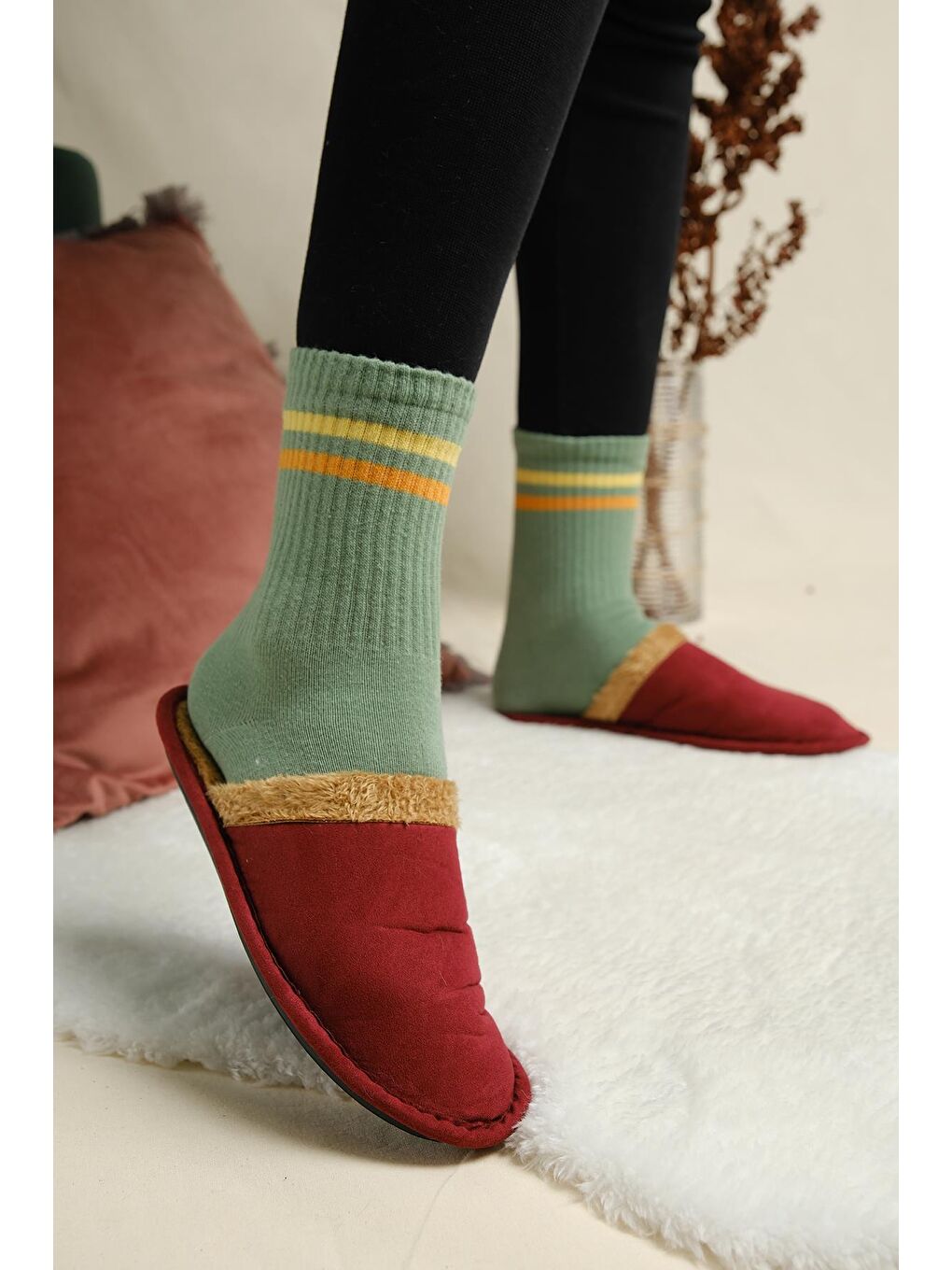 Bordo Mija Pofuduk Ev Terliği Ses Yapmaz Taban Yıkanabilir Kışlık Ev Terliği Misafir Terliği-3