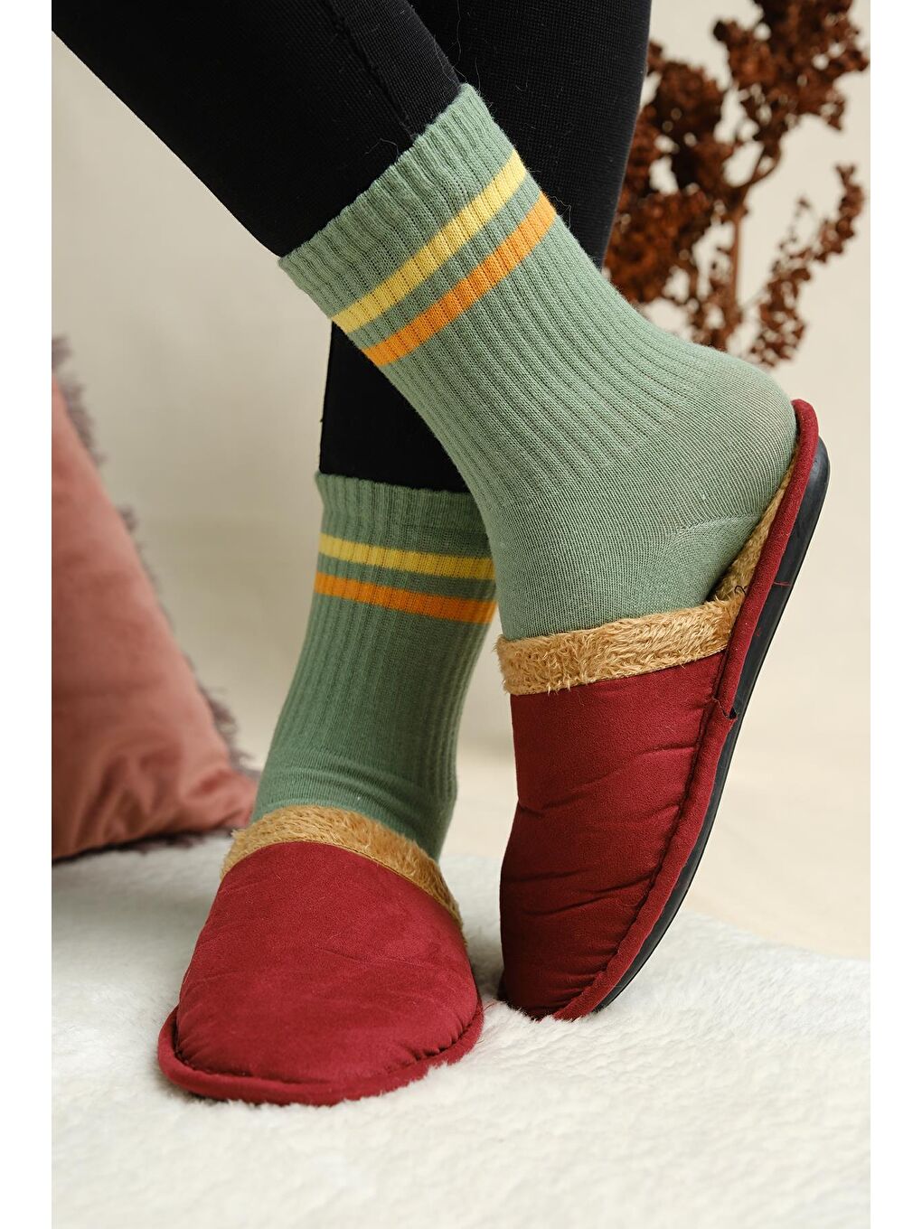 Bordo Mija Pofuduk Ev Terliği Ses Yapmaz Taban Yıkanabilir Kışlık Ev Terliği Misafir Terliği-4