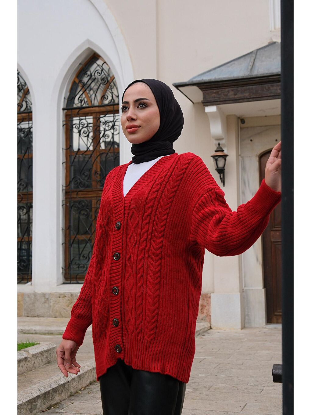 Örgü Desen Triko Hırka Kırmızı-3