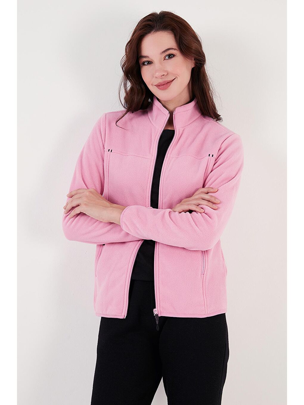 Pembe Slim Fit Anti-Pilling Tüylenme Yapmayan Fermuarlı Cepli Hırka Kadın Polar 5907002