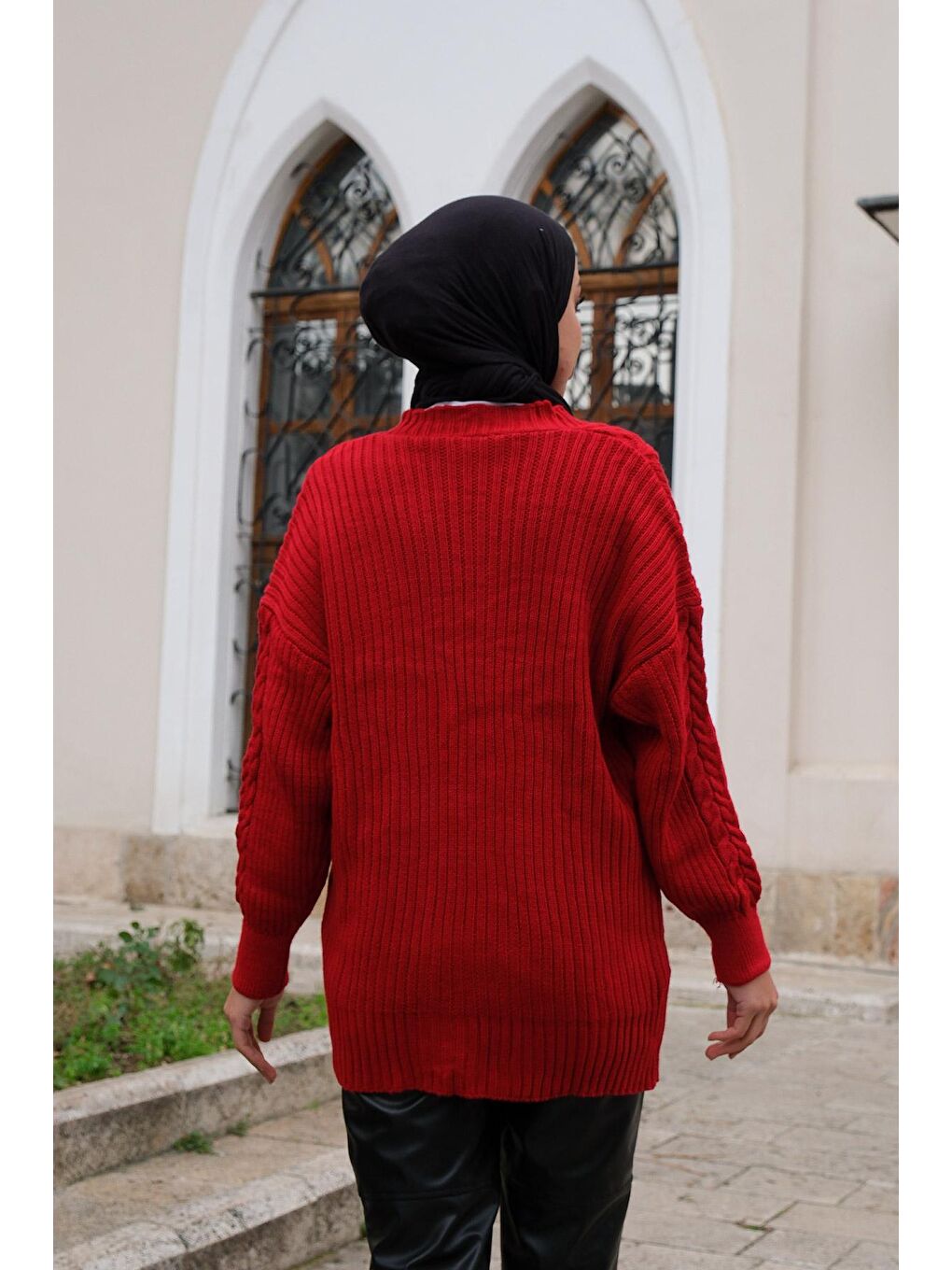 Örgü Desen Triko Hırka Kırmızı-4