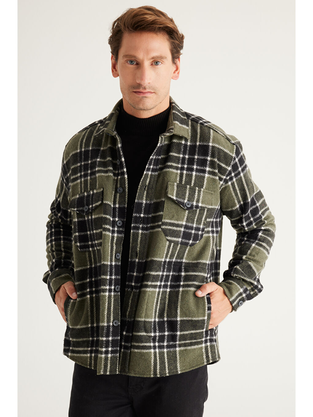 Erkek Haki-Siyah Oversize Fit Geniş Kesim Düğmeli Yaka Kareli Gömlek Ceket-2