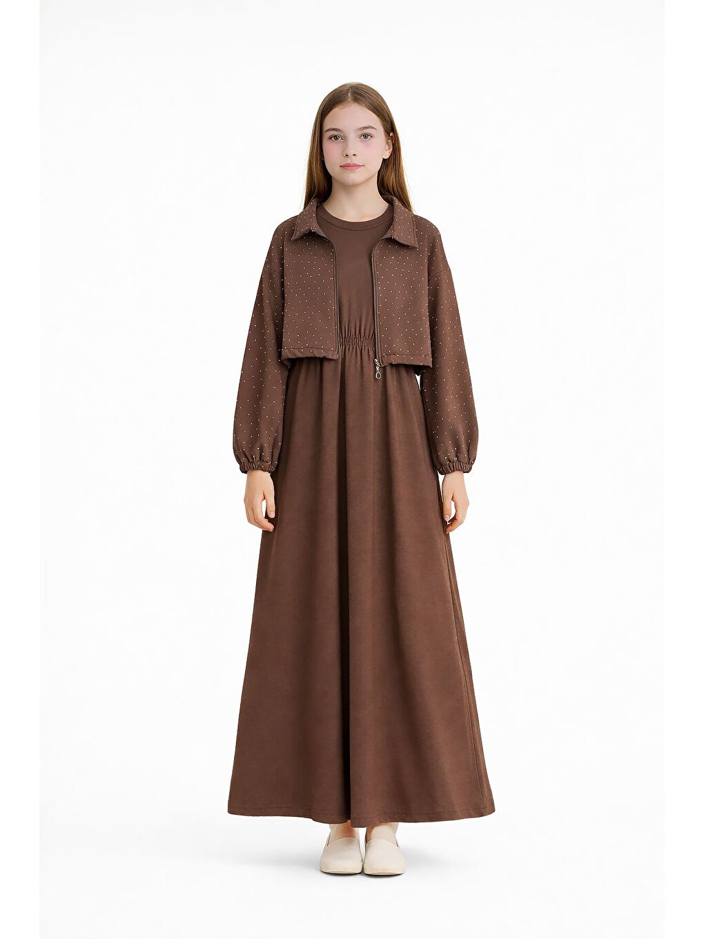 Kahverengi Fermuarlı Taşlı Crop Ceketli Sıfır Kol Kız Çocuk Elbise 23753