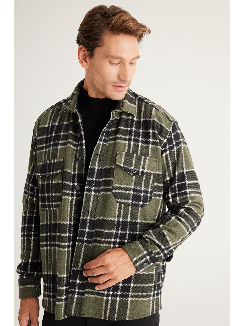 Erkek Haki-Siyah Oversize Fit Geniş Kesim Düğmeli Yaka Kareli Gömlek Ceket-3