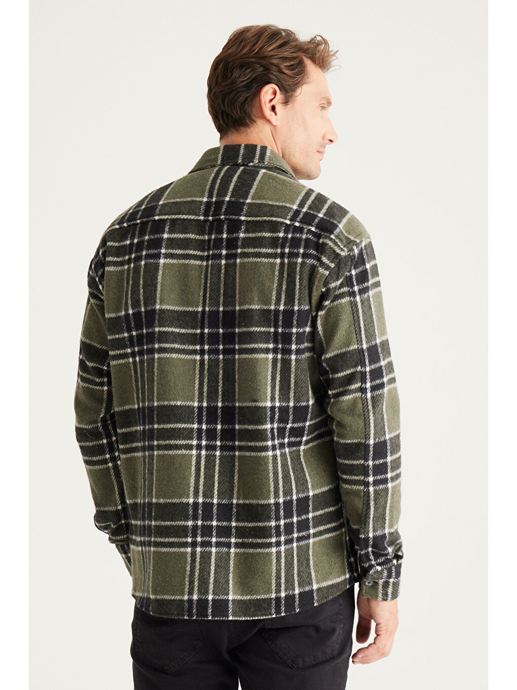 Erkek Haki-Siyah Oversize Fit Geniş Kesim Düğmeli Yaka Kareli Gömlek Ceket-4