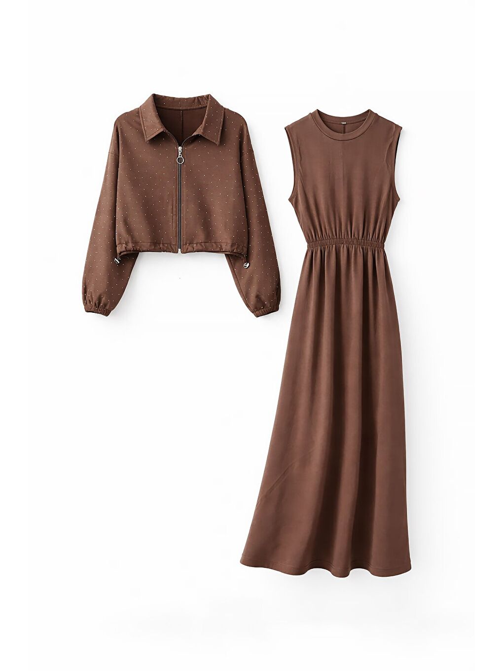 Kahverengi Fermuarlı Taşlı Crop Ceketli Sıfır Kol Kız Çocuk Elbise 23753-1