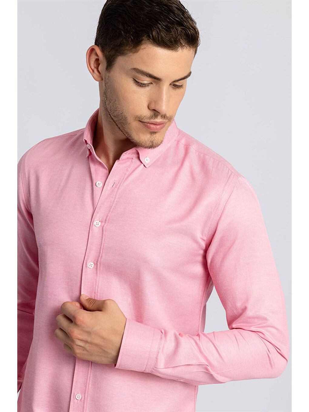 Pembe Slim Fit Düğmeli Yaka Pamuklu Kolay Ütü Düz Erkek Gömlek