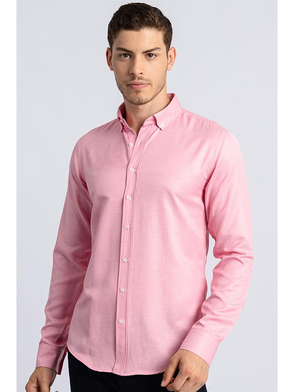 Pembe Slim Fit Düğmeli Yaka Pamuklu Kolay Ütü Düz Erkek Gömlek-1