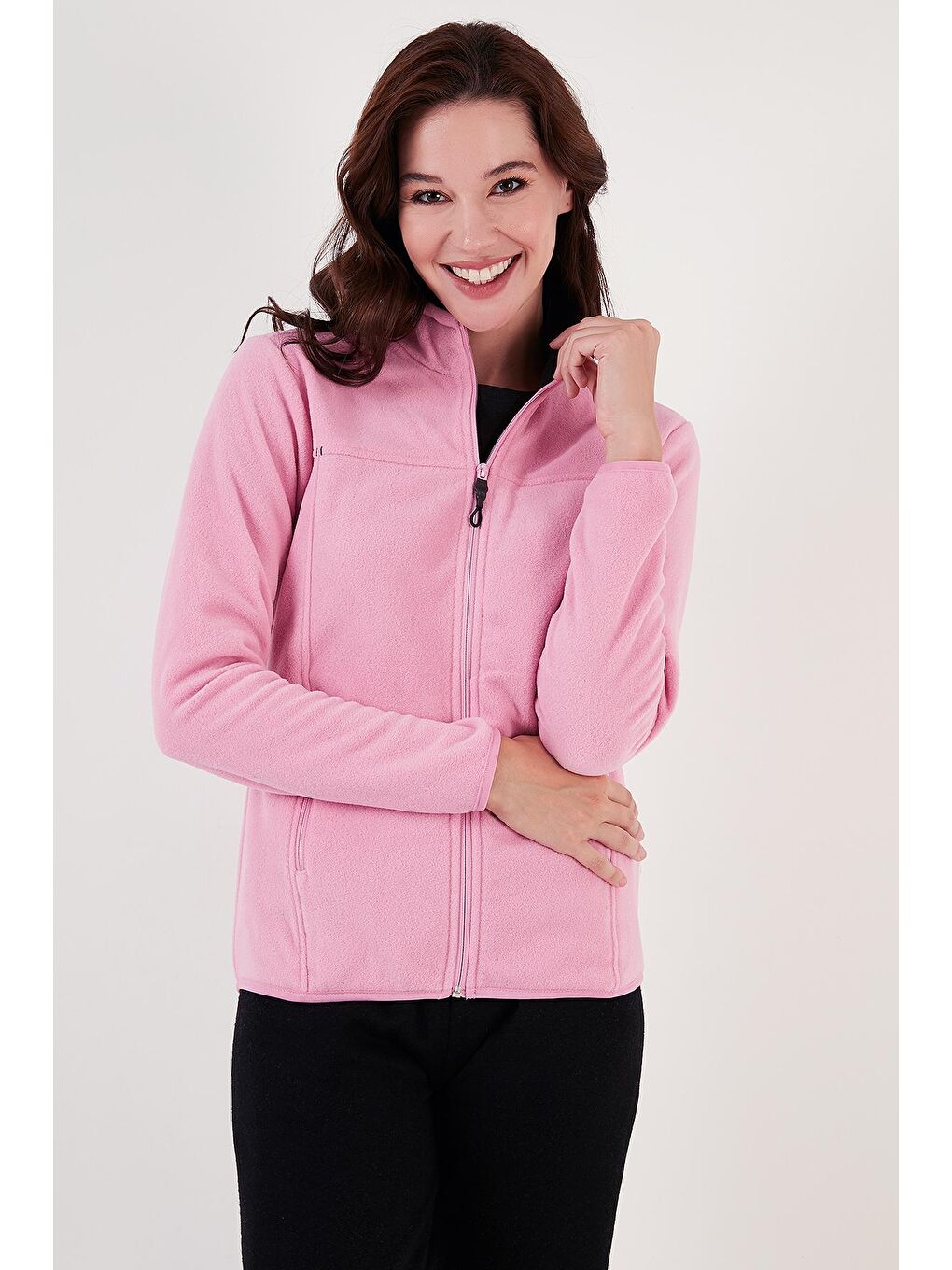 Pembe Slim Fit Anti-Pilling Tüylenme Yapmayan Fermuarlı Cepli Hırka Kadın Polar 5907002-2