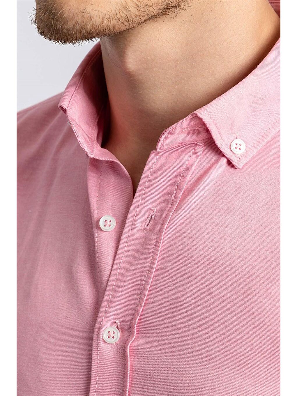 Pembe Slim Fit Düğmeli Yaka Pamuklu Kolay Ütü Düz Erkek Gömlek-2