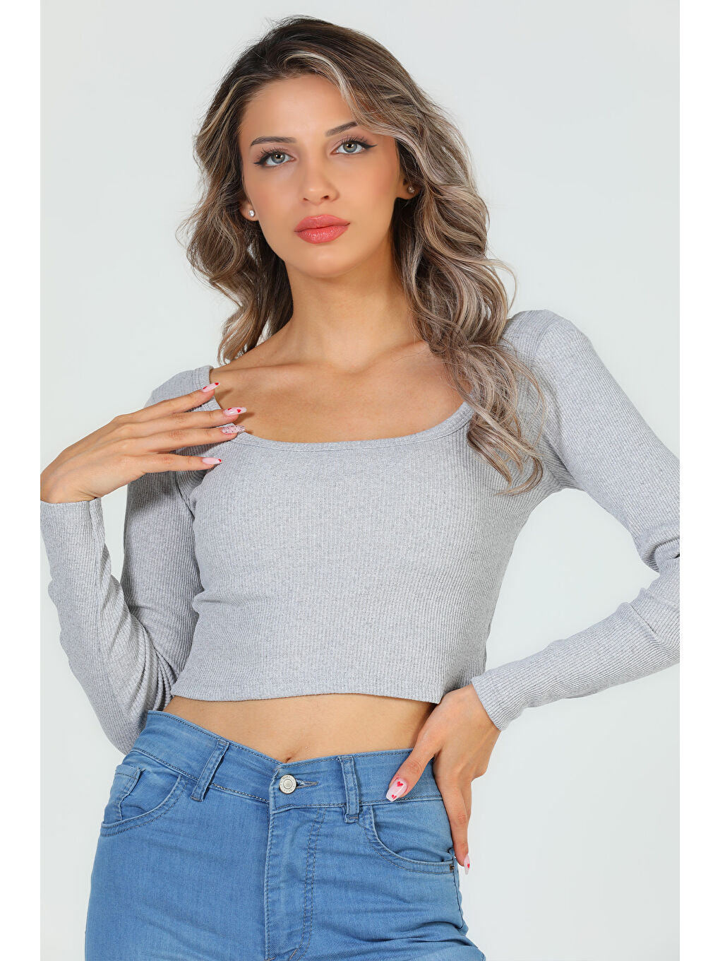 GÜLSELİ Gri Kadın Kare Yaka Kaşkorse Crop Body Bluz