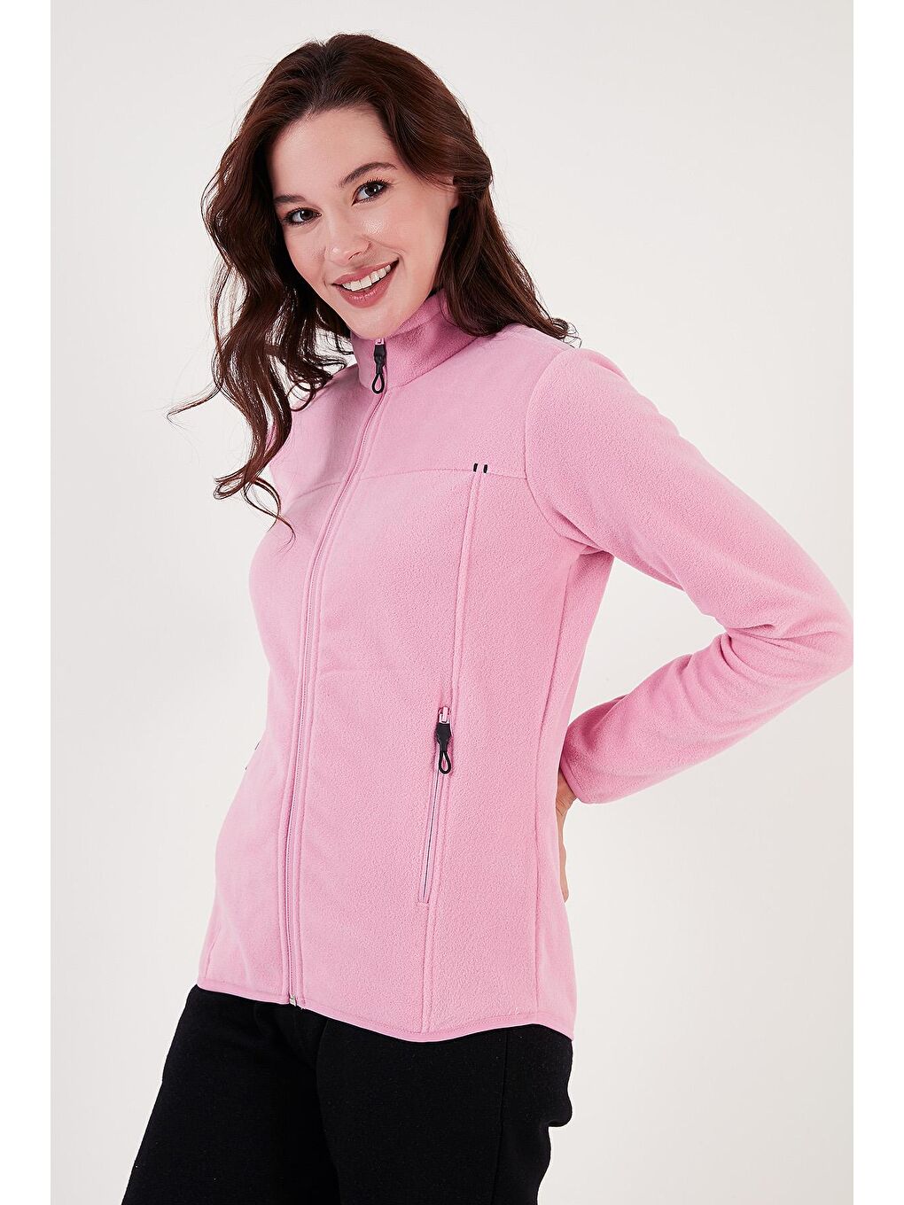 Pembe Slim Fit Anti-Pilling Tüylenme Yapmayan Fermuarlı Cepli Hırka Kadın Polar 5907002-3