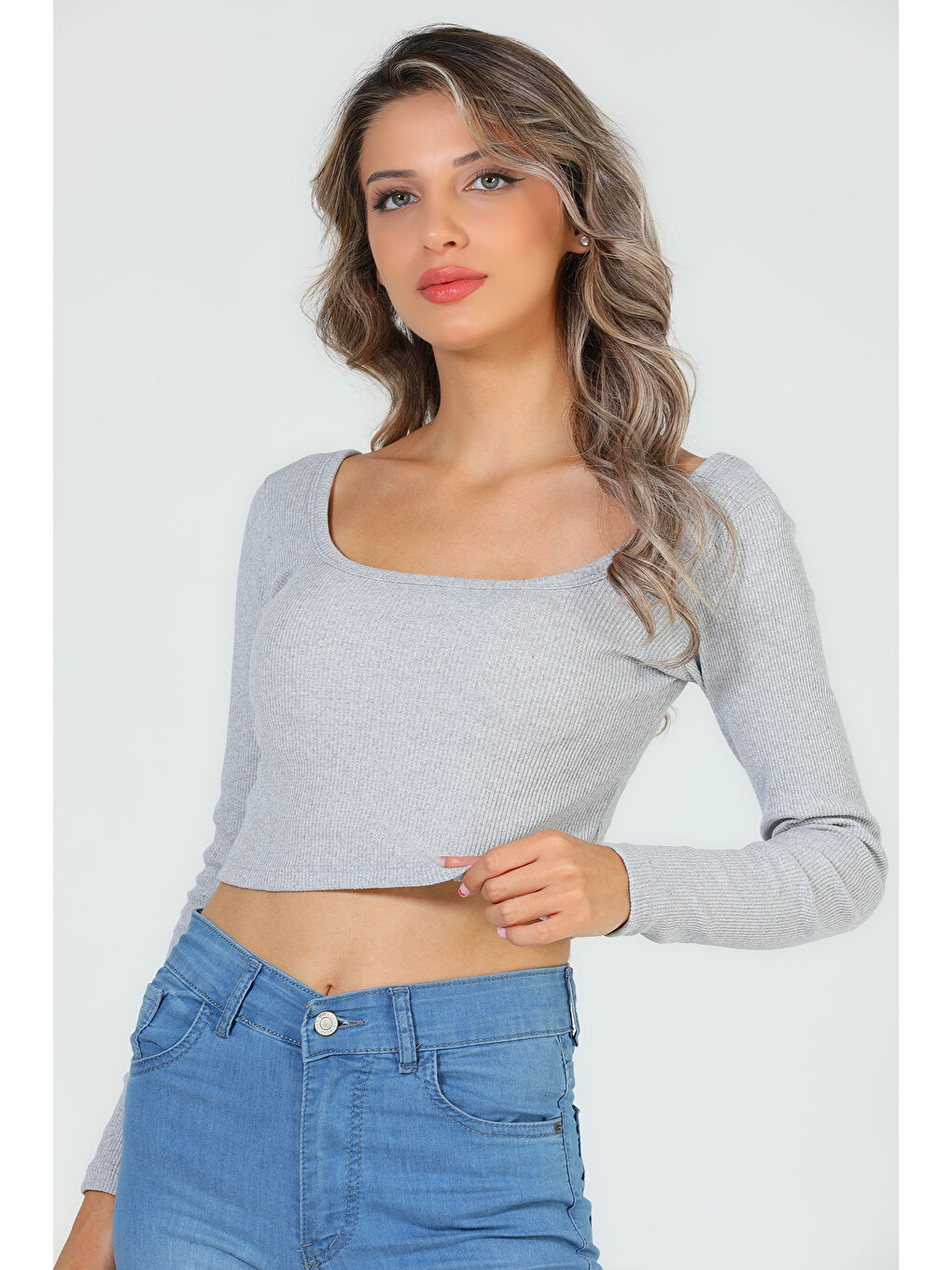 GÜLSELİ Gri Kadın Kare Yaka Kaşkorse Crop Body Bluz - 1