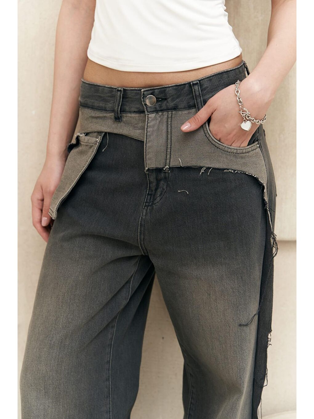 Mai Collection Gri Kristen Yırtık Detaylı Füme Jean Pantolon - 5