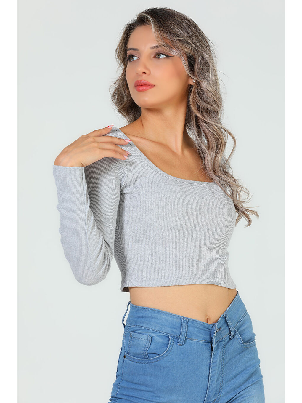 GÜLSELİ Gri Kadın Kare Yaka Kaşkorse Crop Body Bluz - 2