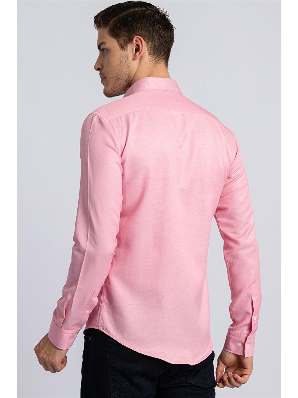 Pembe Slim Fit Düğmeli Yaka Pamuklu Kolay Ütü Düz Erkek Gömlek-3