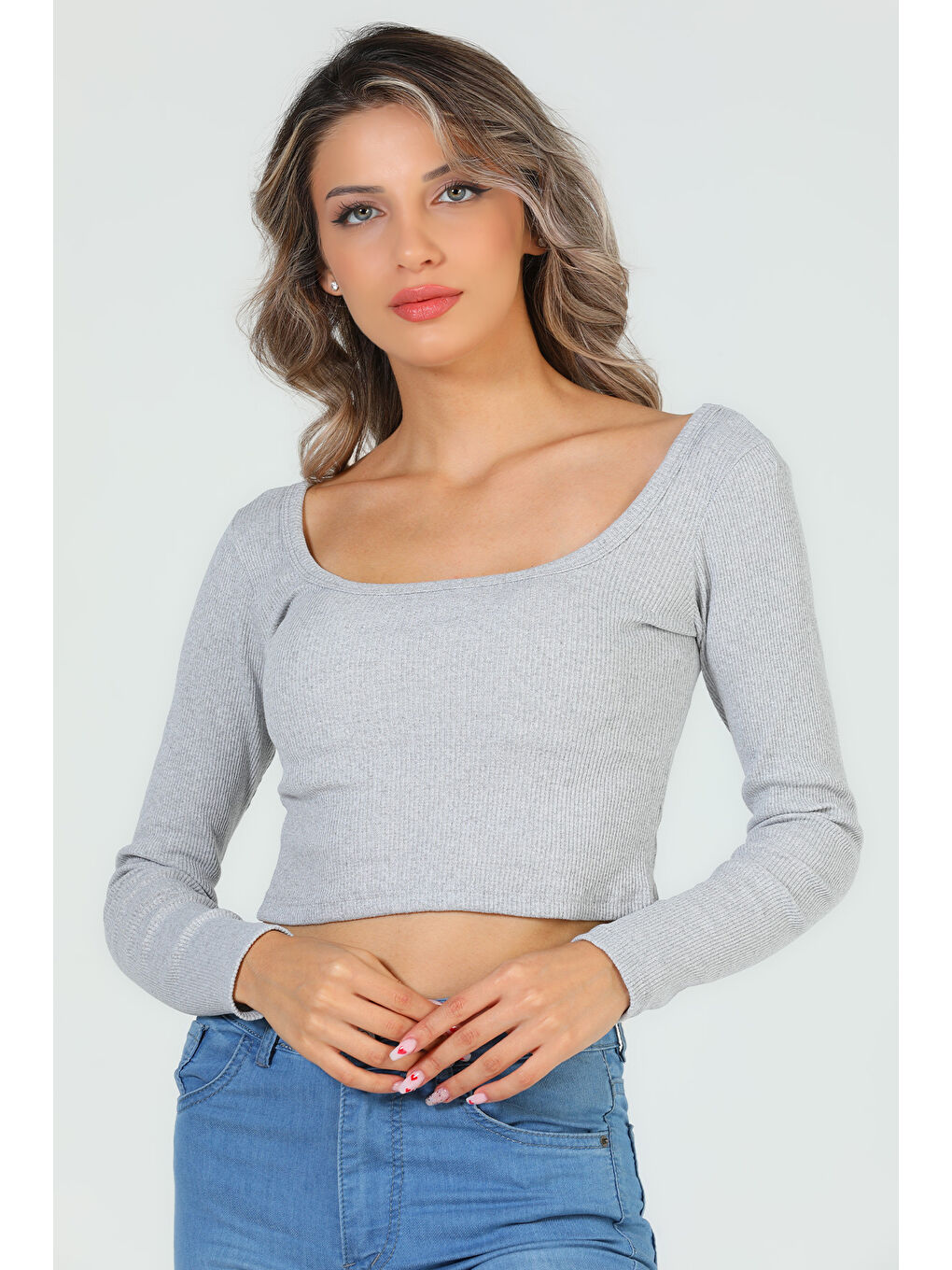 GÜLSELİ Gri Kadın Kare Yaka Kaşkorse Crop Body Bluz - 3