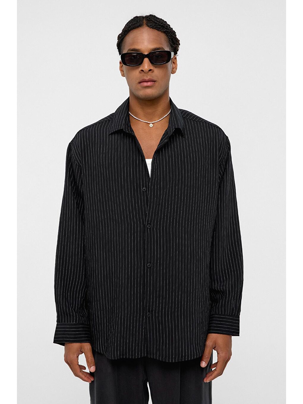 Oversize Çizgili Uzun Kollu Gömlek Siyah-2