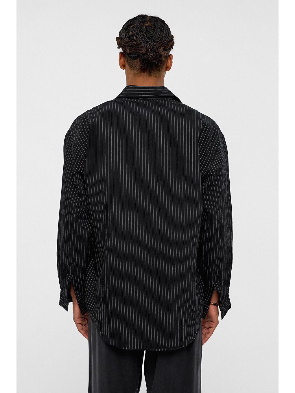 Oversize Çizgili Uzun Kollu Gömlek Siyah-3