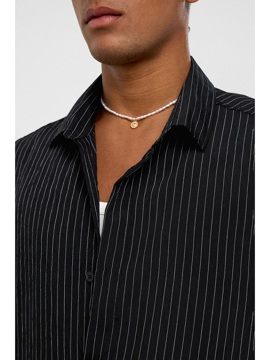 Oversize Çizgili Uzun Kollu Gömlek Siyah-4