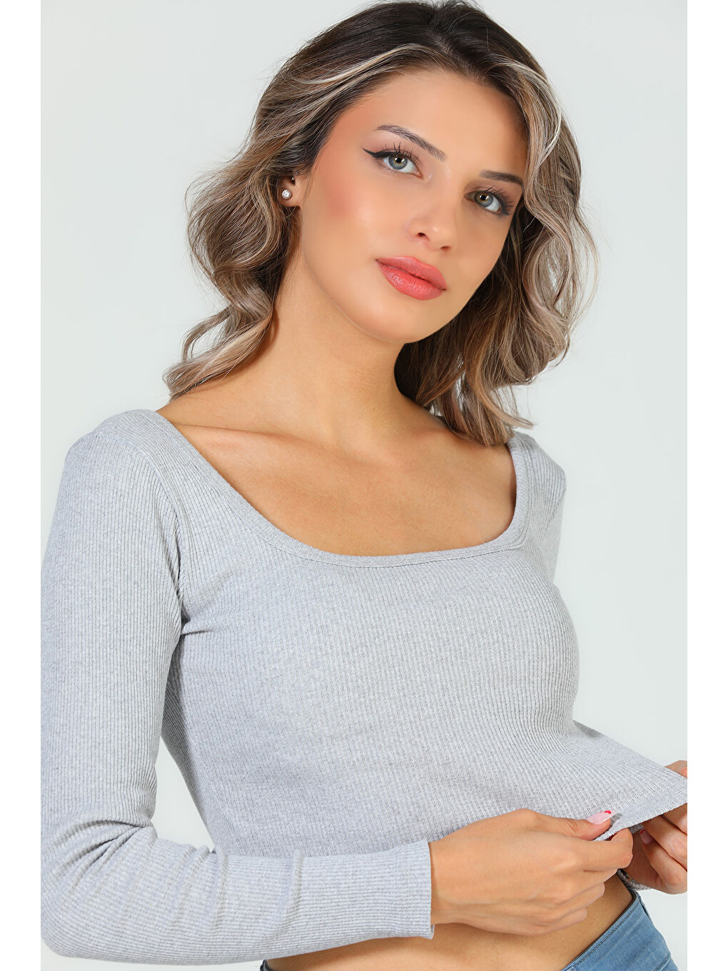 GÜLSELİ Gri Kadın Kare Yaka Kaşkorse Crop Body Bluz - 4