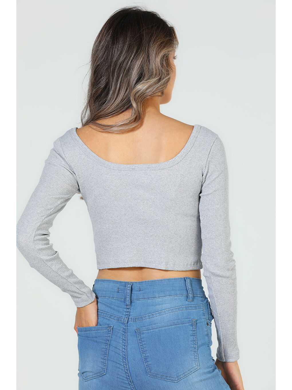 GÜLSELİ Gri Kadın Kare Yaka Kaşkorse Crop Body Bluz - 7