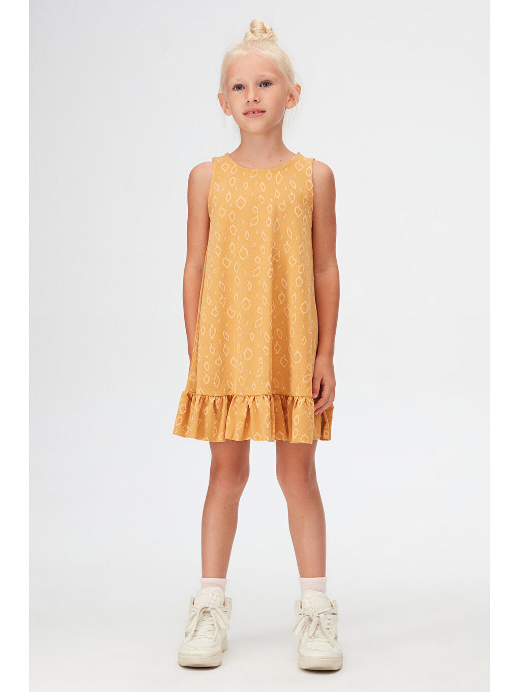 Sarı Hardal Damla Desen Kız Çocuk Fırfırlı Çan Etekli Elbise