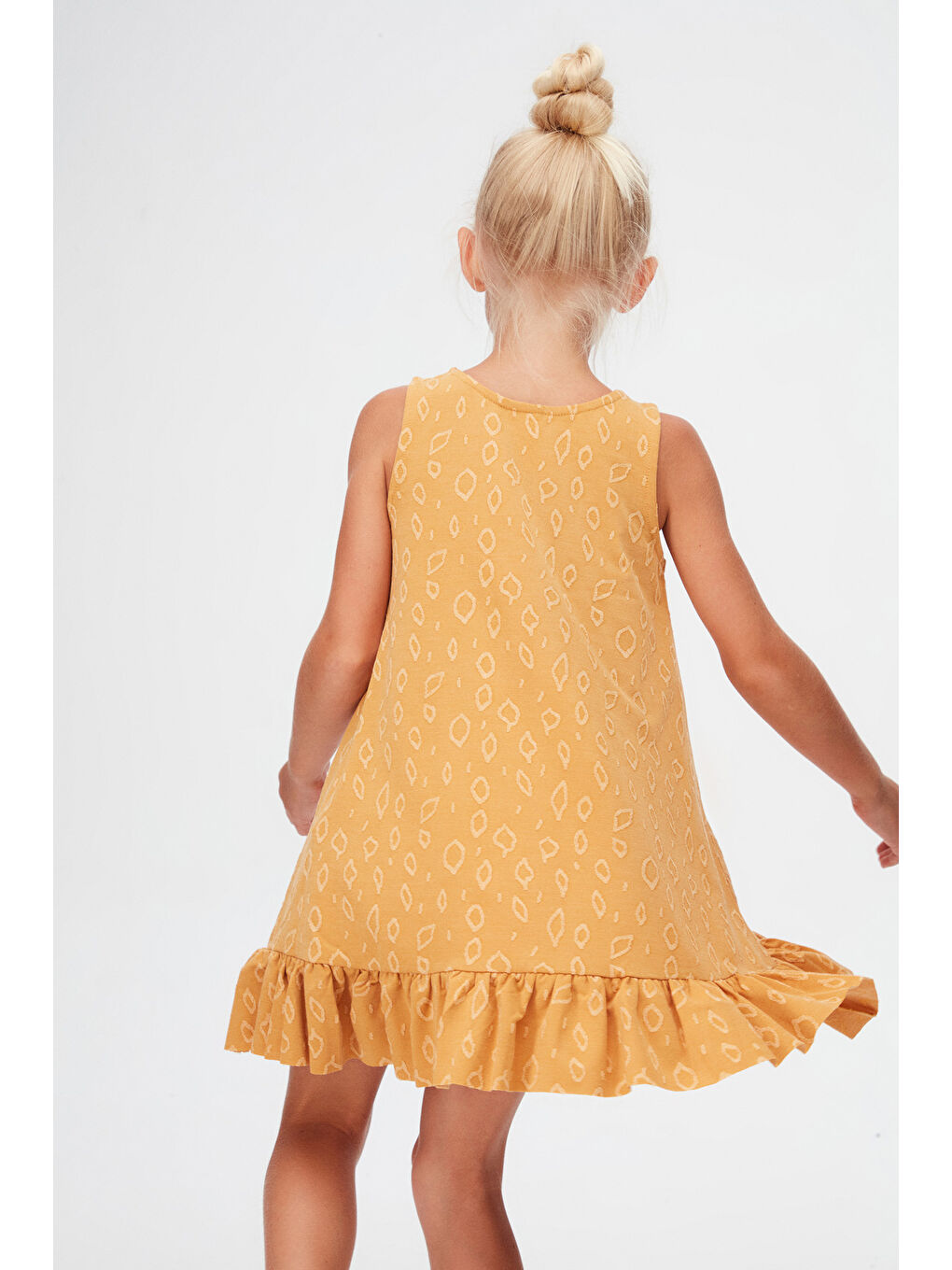 Sarı Hardal Damla Desen Kız Çocuk Fırfırlı Çan Etekli Elbise-1